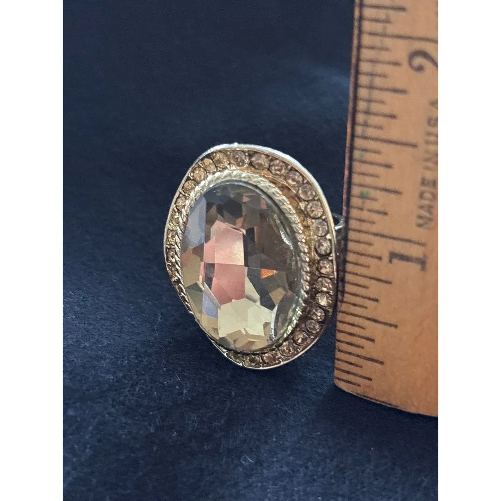 Gold Tone Amber Rhinestone Statement Cocktail Ring 7.75 Faceted Glass Bling Glam